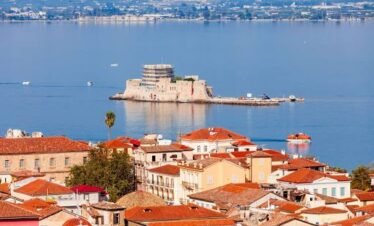 Aerial view of Nafplio old town with Bourtzi Fortress in the Argolic Gulf