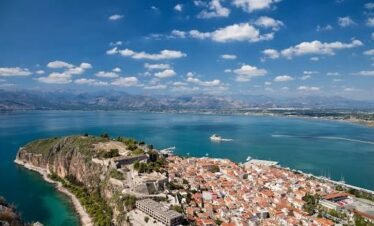 Panoramic view of Nafplio old town, Palamidi Fortress and Argolic Gulf in Greece