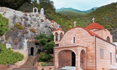 Saint Patapios Monastery church in the hills above Loutraki, Greece
