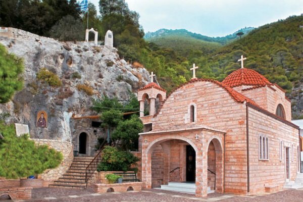 Saint Patapios Monastery church in the hills above Loutraki, Greece