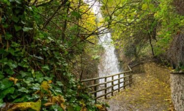 Forest walking path next to a waterfall in Agoriani (Eptalofos), Mount Parnassos, Greece