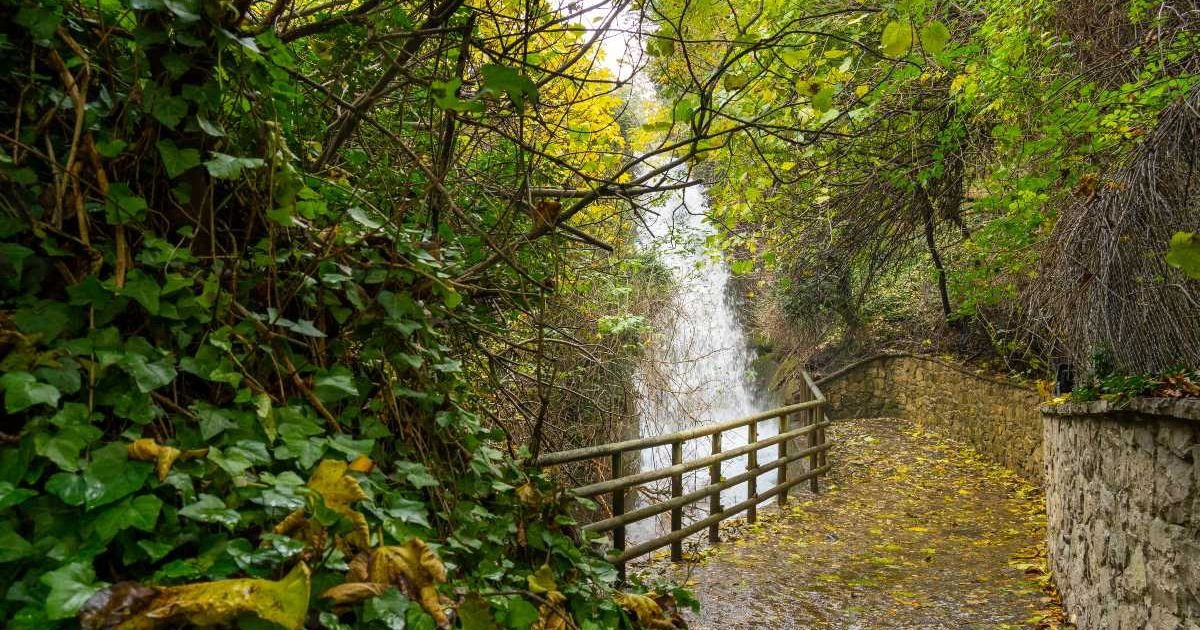 Forest walking path next to a waterfall in Agoriani (Eptalofos), Mount Parnassos, Greece