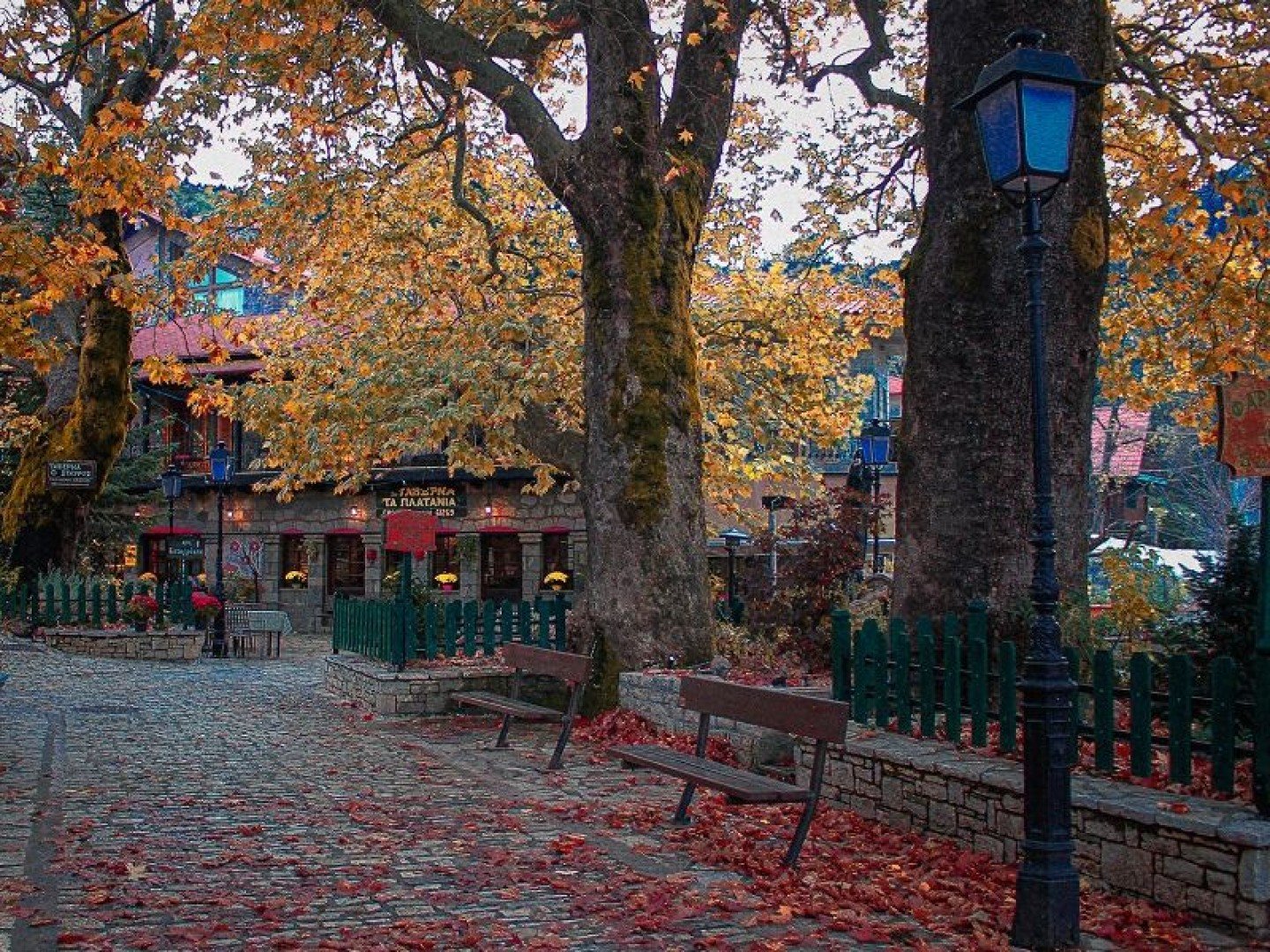 Autumn view of Agoriani (Eptalofos) village square on Mount Parnassos, Greece